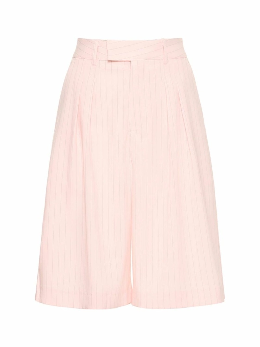 The Frankie Shop Vivian Pleated Fluid Bermuda Shorts in Pink Pinstripe